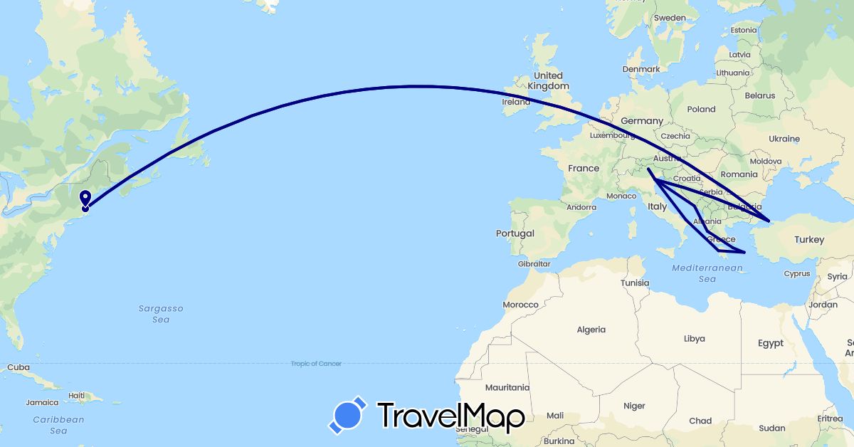 TravelMap itinerary: driving in Albania, Greece, Croatia, Italy, Turkey, United States (Asia, Europe, North America)